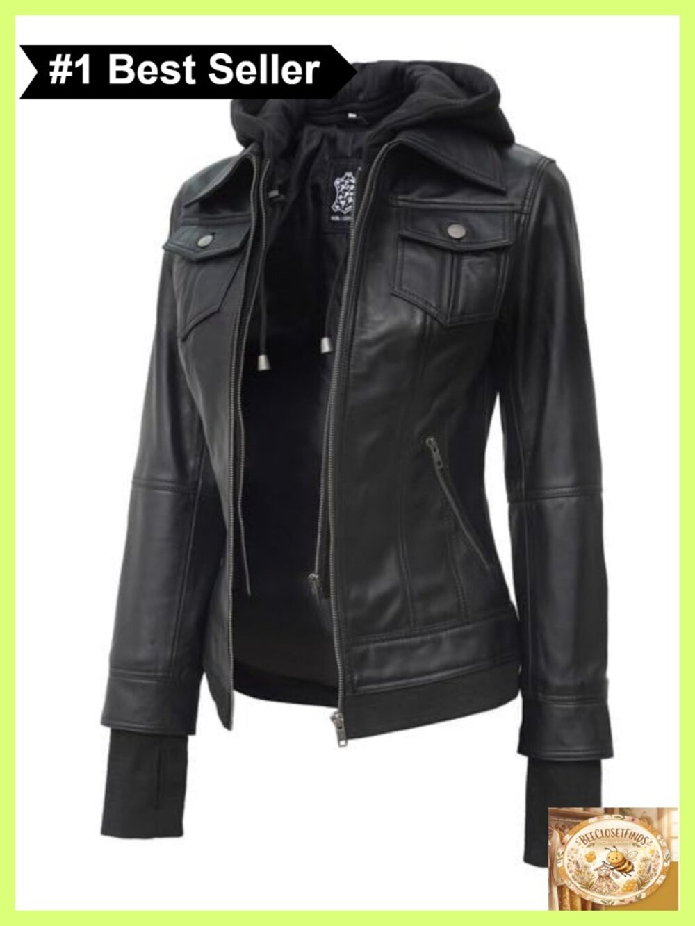 100% Real Lambskin Leather Bomber Jacket Detachable Hood Womens
